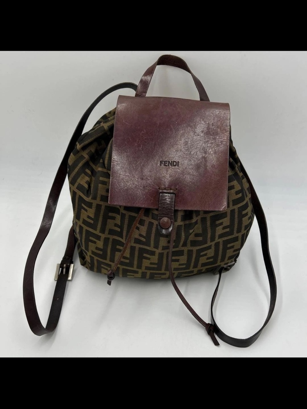 Fendi Brown Monogram Backpack with Burgundy Leather Flap and Straps